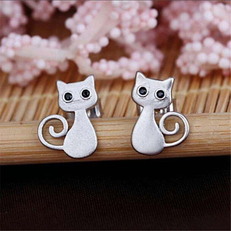 2Pcs Cute Cat Ear Stud Earrings – Silver-Plated Fashion Jewelry