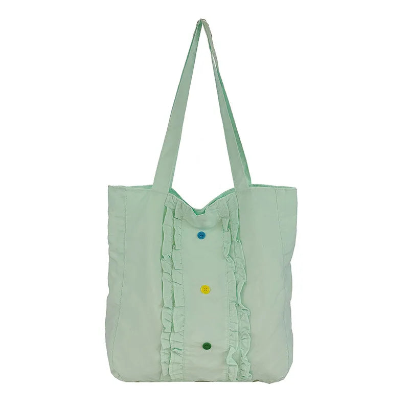 Women's Large Canvas Tote Bag – Lace Trim, Button Detail