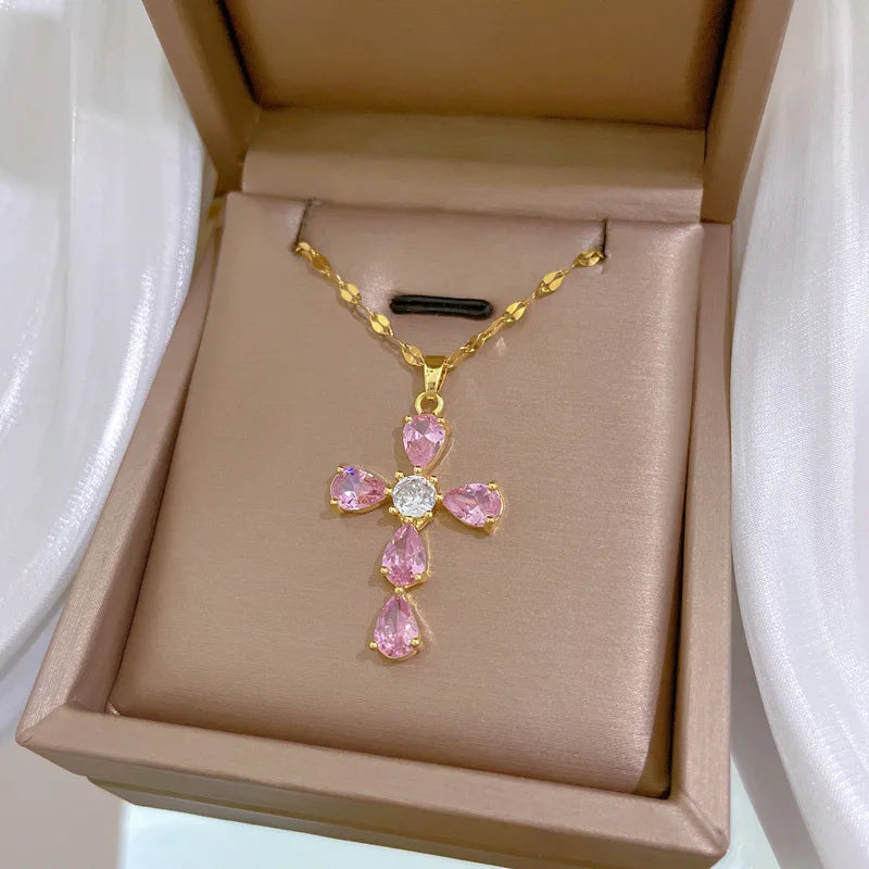 Women's Gold Cross Pendant Necklace – Stainless Steel & Zircon