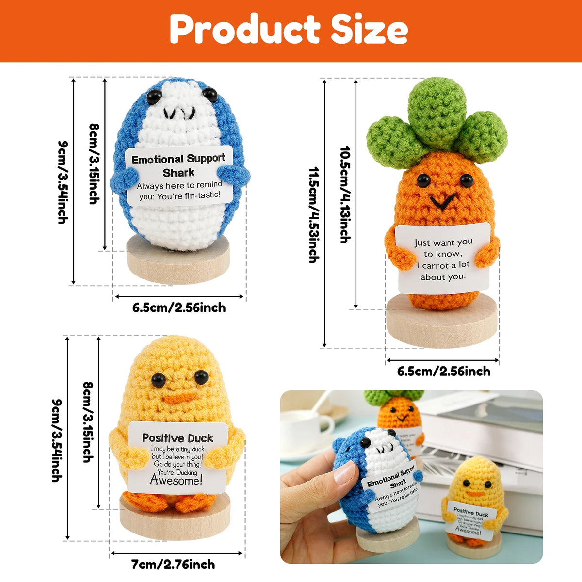 3 Handmade Crochet Animal Dolls with Motivational Cards & Wood Bases