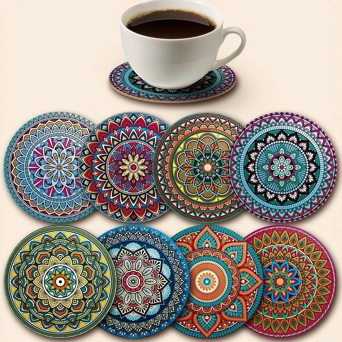 8-Piece Wooden Mandala Coasters Set – Home, Bar & Office Decor