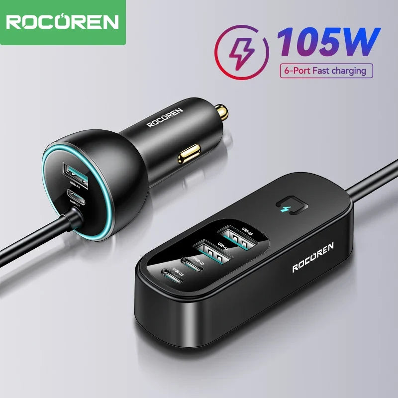 Rocoren 105W 6-Port Car Charger USB-C & USB-A Fast Charging