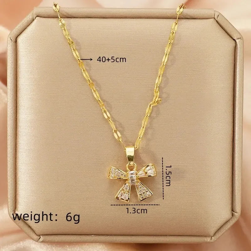 Zircon Bowknot Pendant Necklace | Gold Stainless Steel Chain