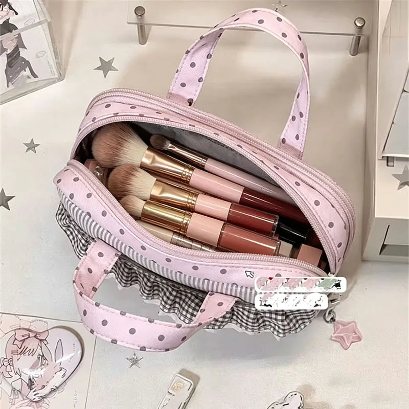 Large Polka Dot Makeup Bag – Double Layer Cosmetic Organizer