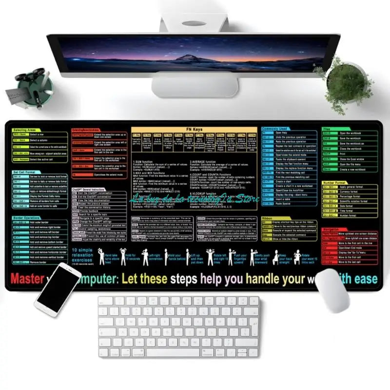 Extended Desk Mat with Keyboard Shortcuts | Large Gaming Mouse Pad