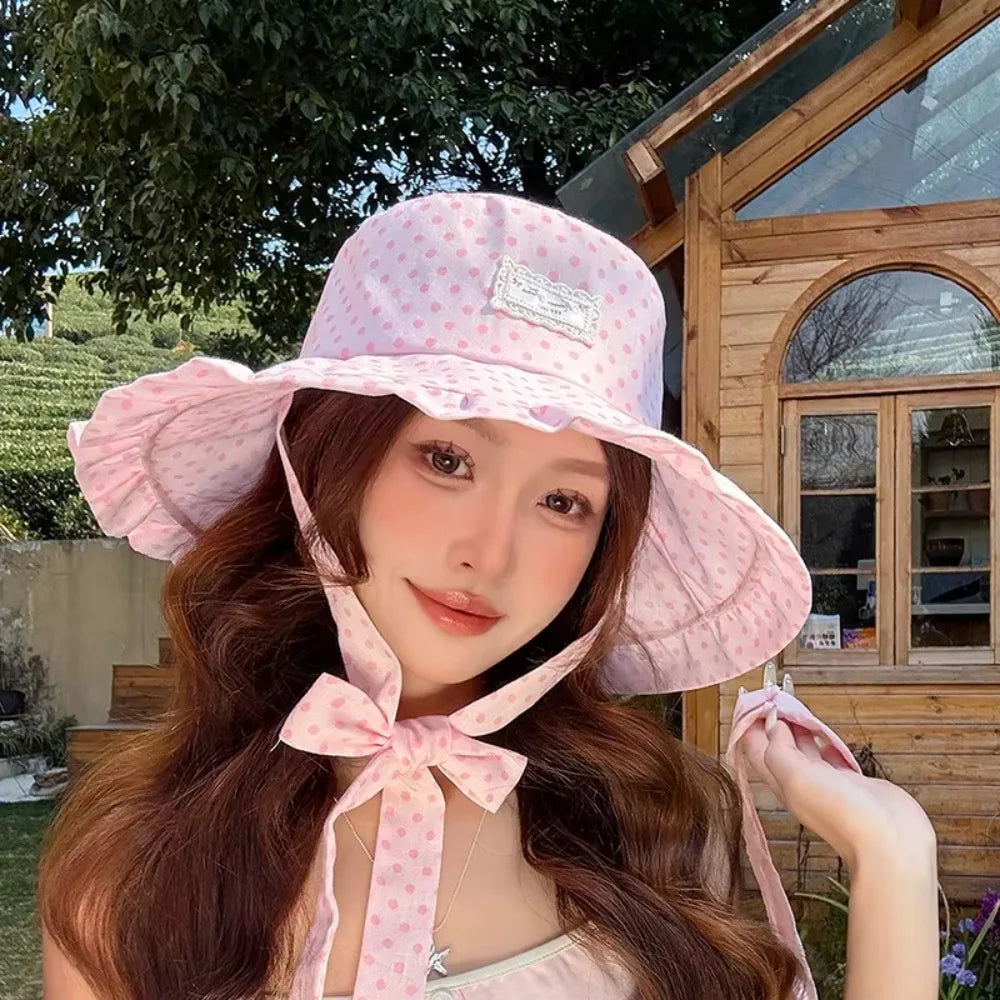 Women's Polka Dot Wide Brim Bucket Sun Hat with Ribbon