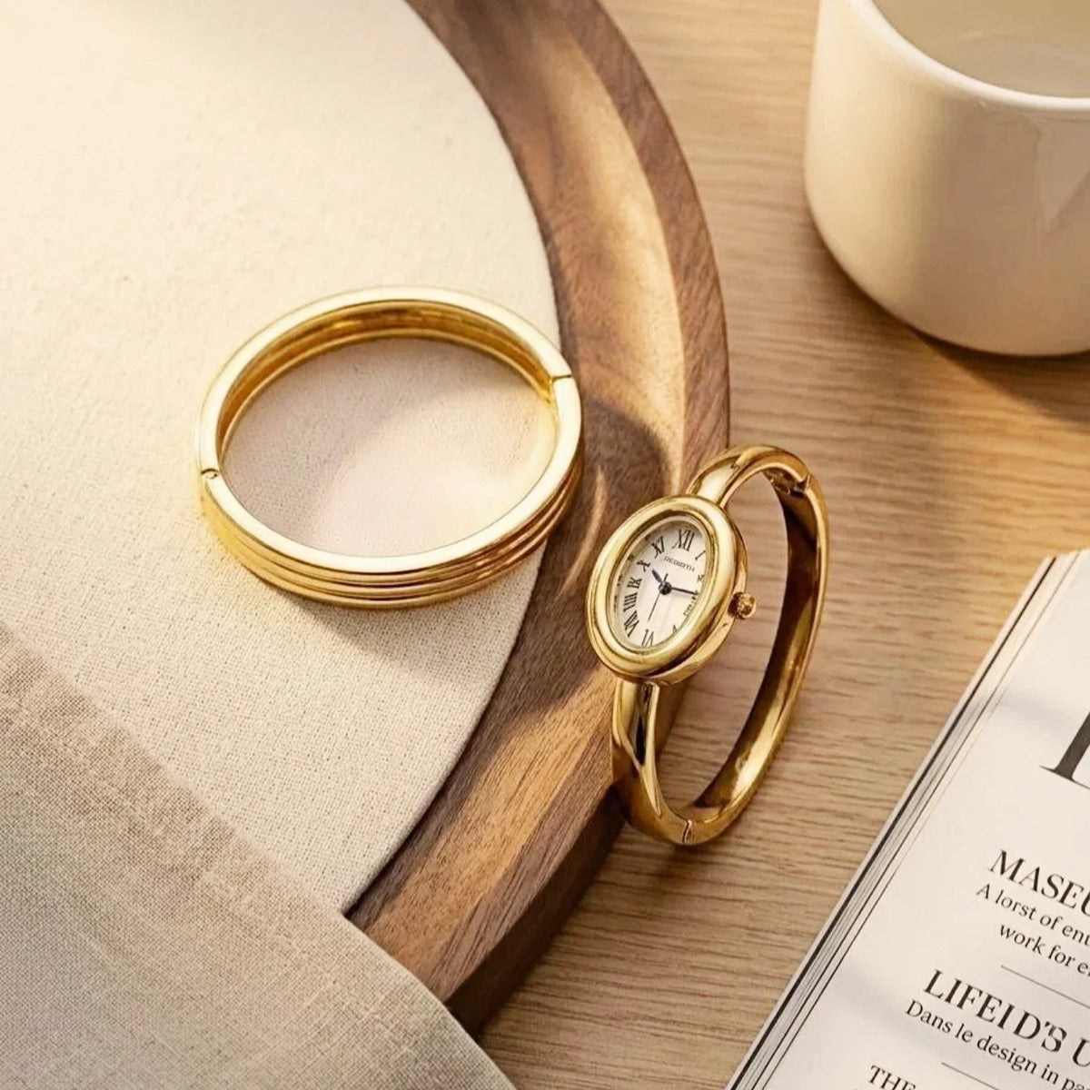 Women's Gold Watch & Bracelet Set – Quartz Roman Numeral
