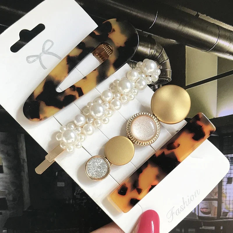 Pearl Crystal Hair Clips Set – Korean Geometric Barrettes