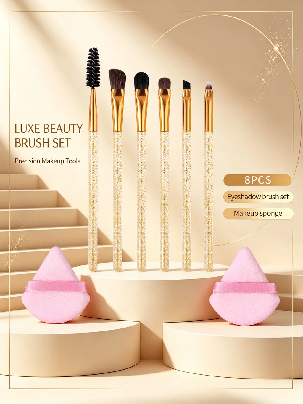 8-Piece Makeup Brush Set – Eye, Brow, Liner & Sponge Puff