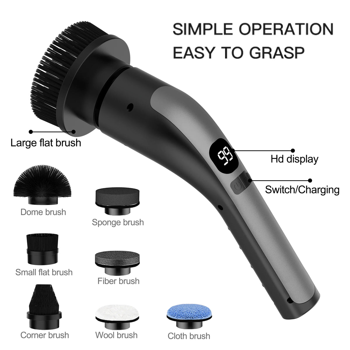 Electric Rotating Cleaning Brush – Long Handle & 5 Brush Heads