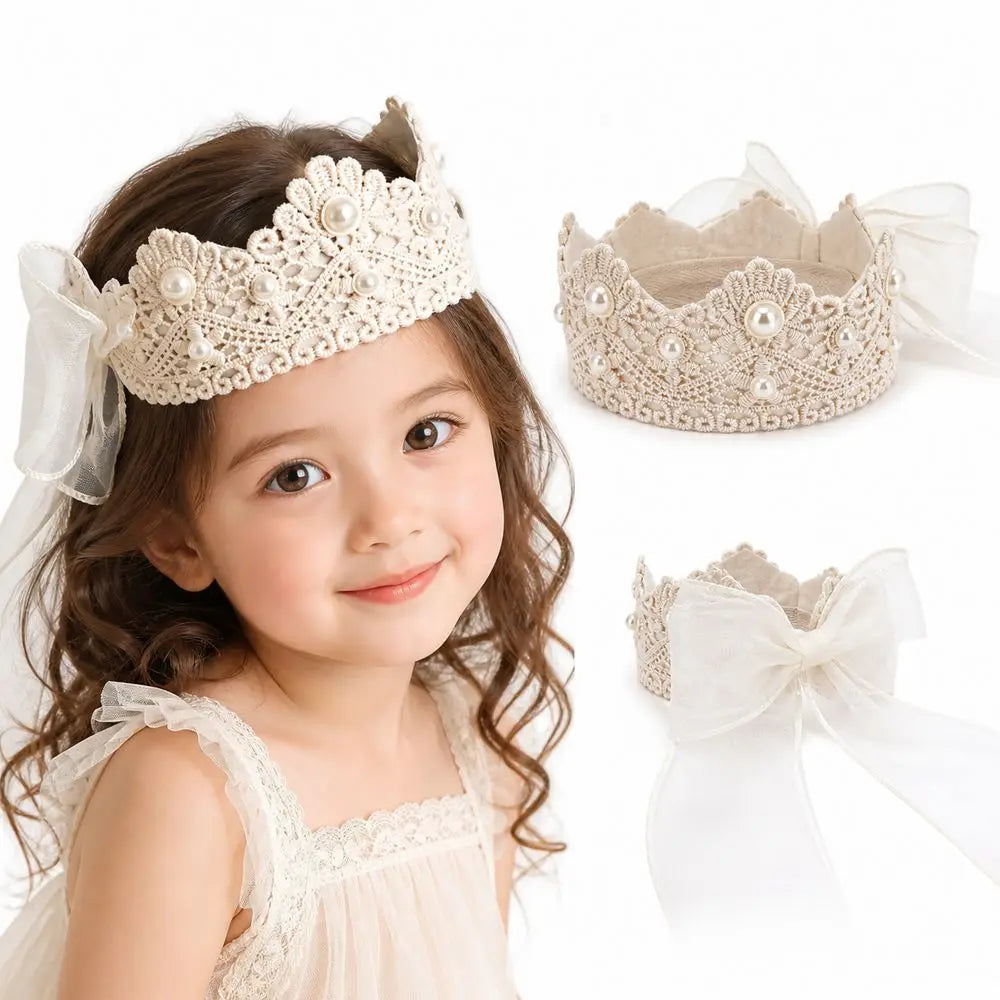 Girls Crown Headband – Mesh Bow Lace Hairband for Kids