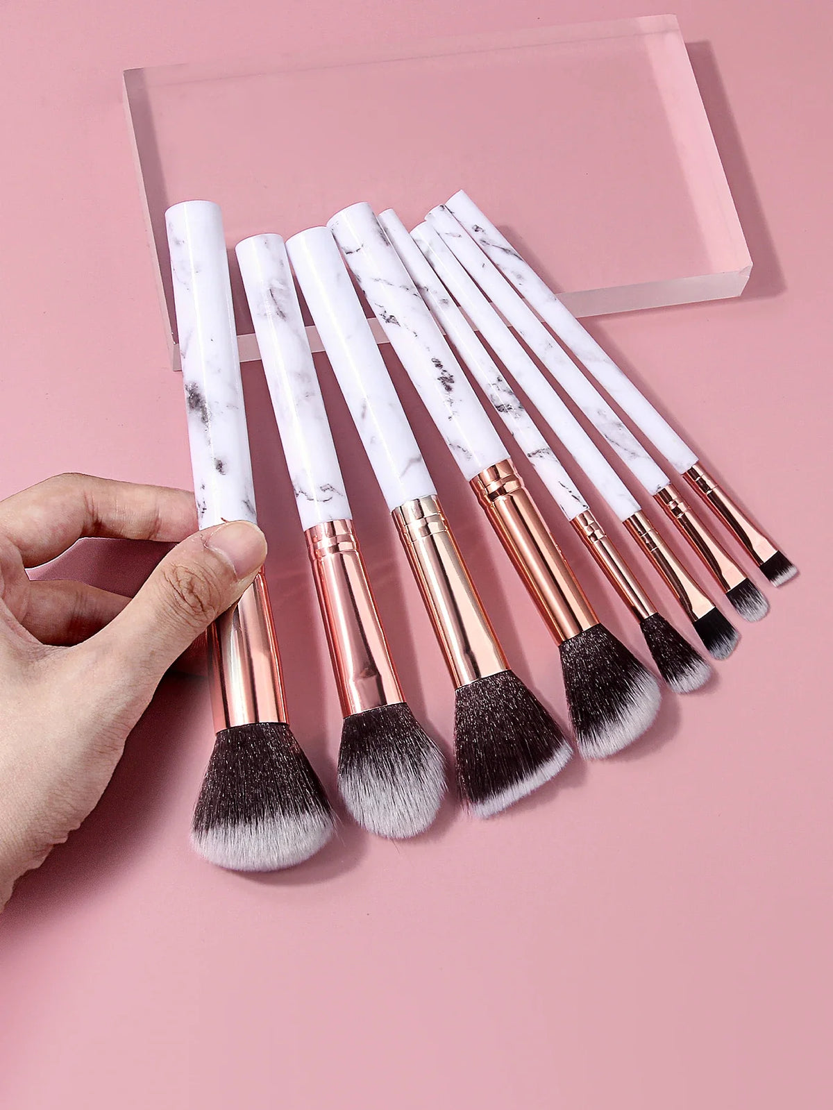 10Pcs Marble Makeup Brush Set with Sponge Puff – Full Kit