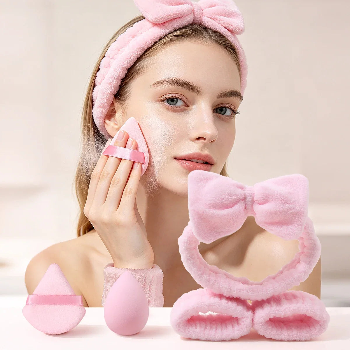 7-Piece Makeup Tool Set – Puffs, Spa Headband & Wristbands