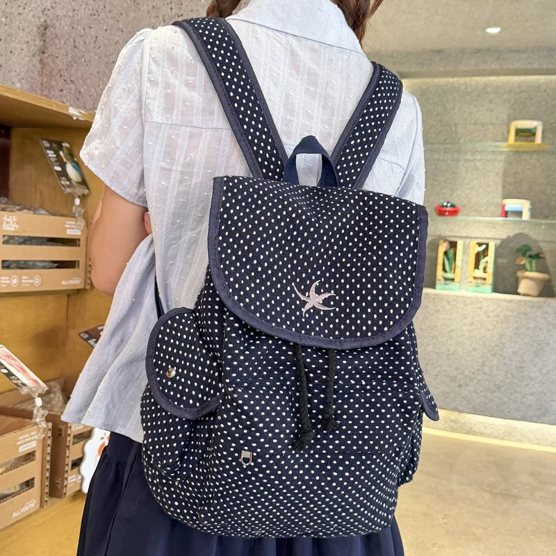 Korean Starfish Embroidered Polka Dot Canvas Backpack