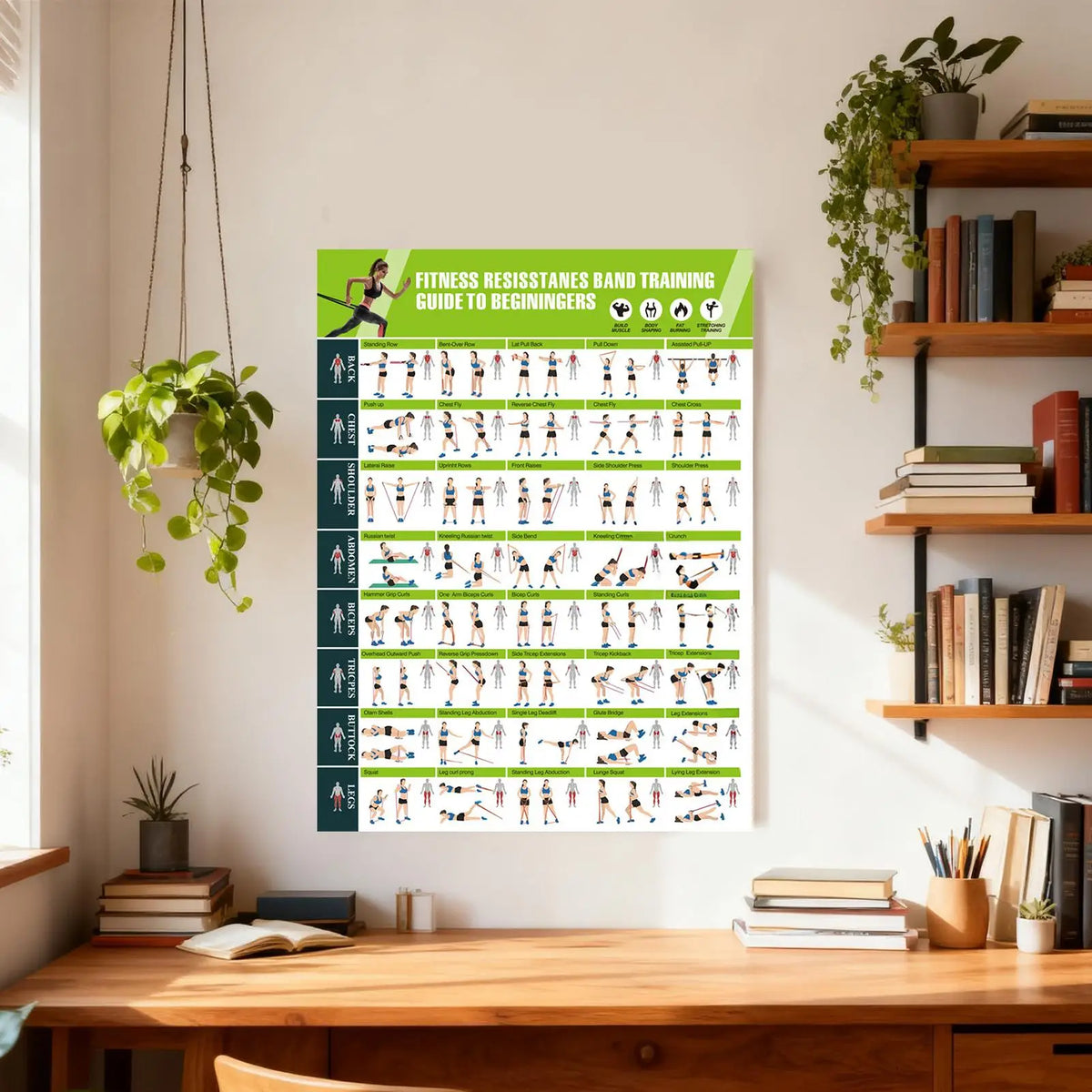 Workout Posters – Resistance Bands & Yoga Exercise Wall Chart