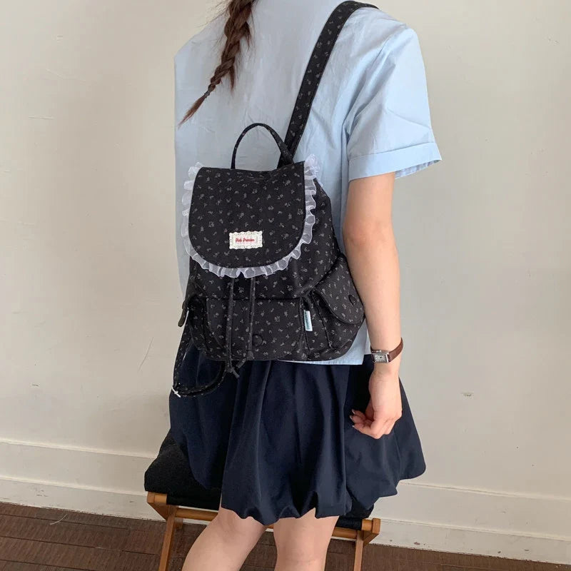 Korean Floral Canvas Backpack – Large Capacity Women's Bag