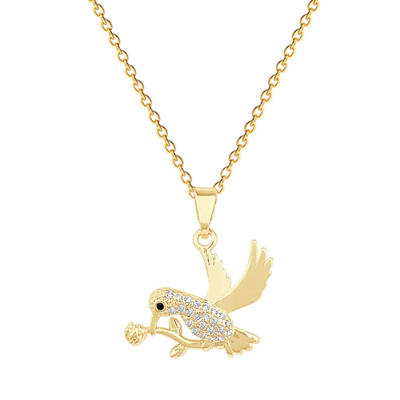 Women's Rose Crane Pendant Necklace – Gold Stainless Steel