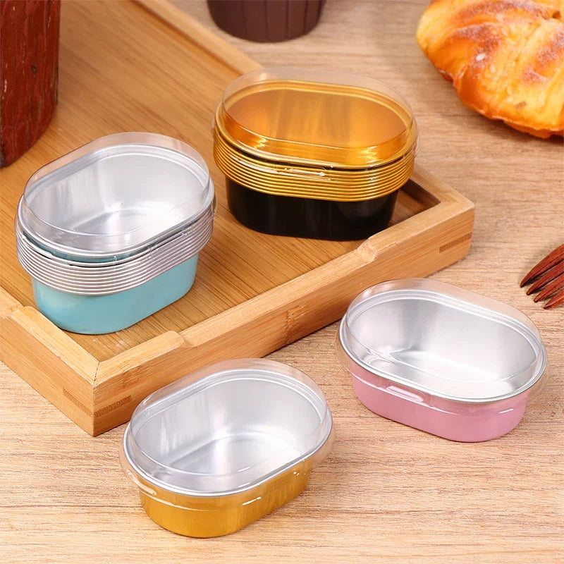 10Pcs Aluminum Foil Baking Cups with Lids – 68ml Oval Dessert Molds