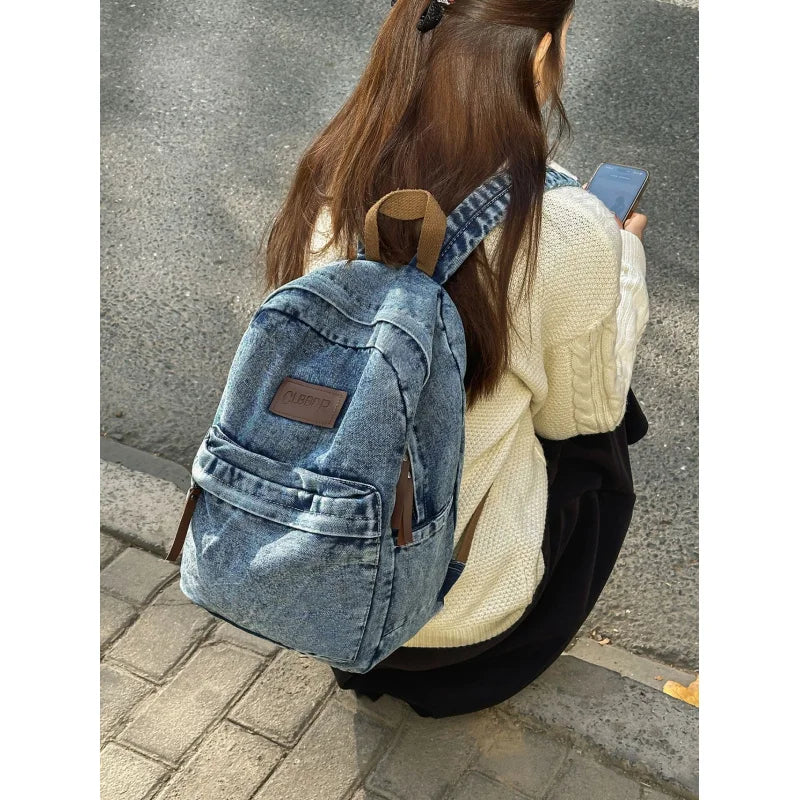 Vintage Denim Canvas Backpack – Unisex School & Travel Bag