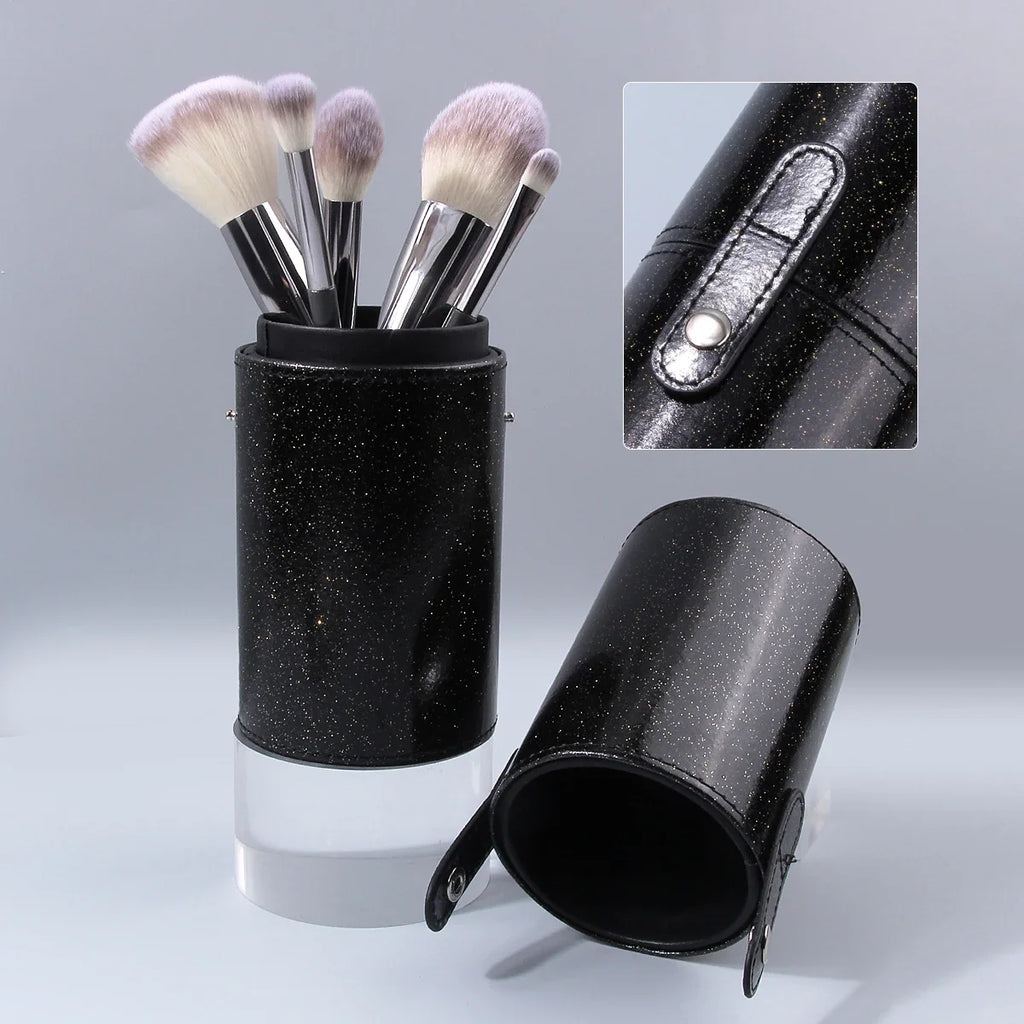 Black Leather Makeup Brush Holder & Desktop Organizer