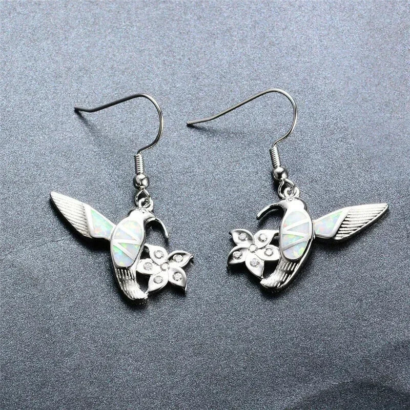White Simulated Opal Bird Flower Crystal Stud Earrings
