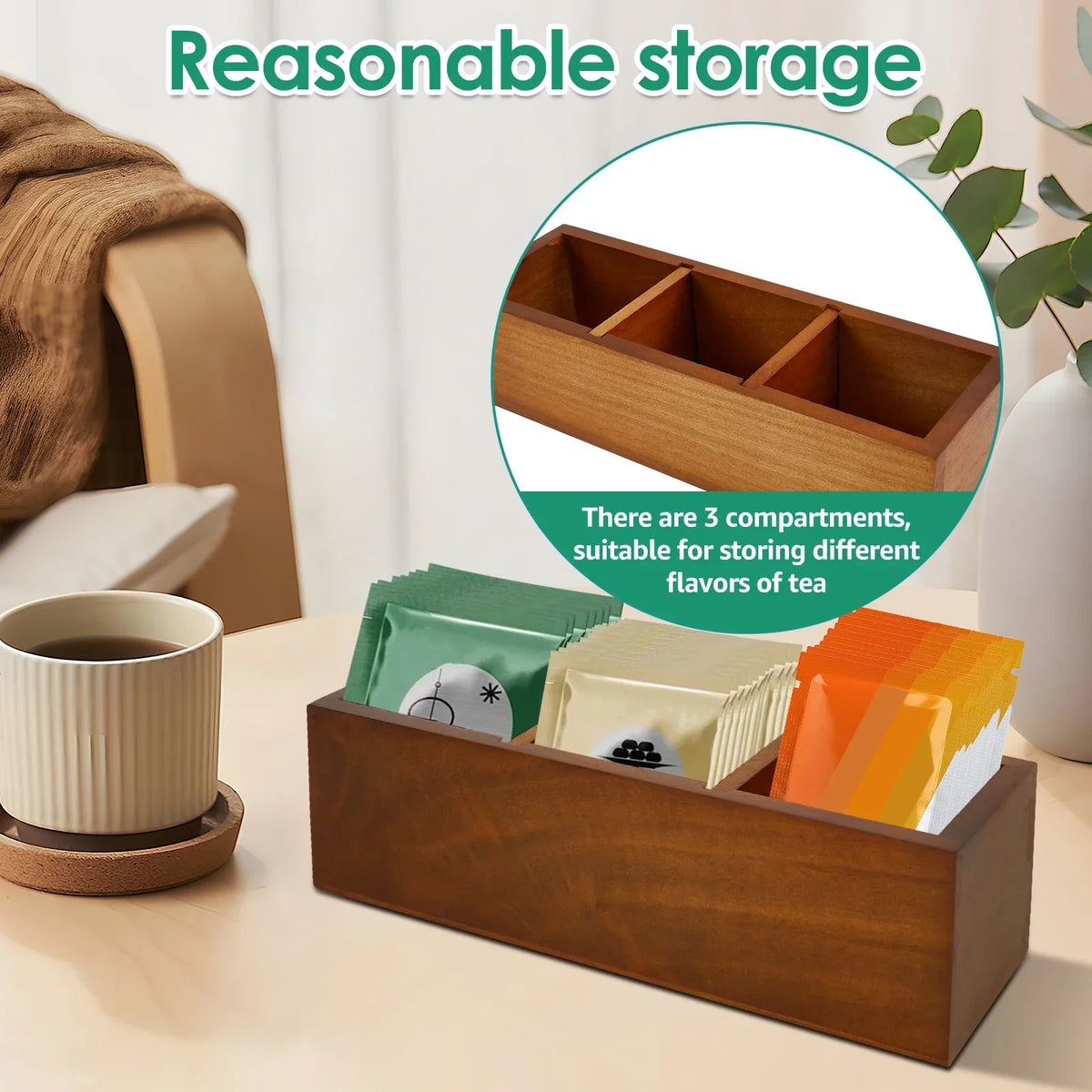 Wooden Tea Bag Organizer Box with Removable Dividers – 3 Slots