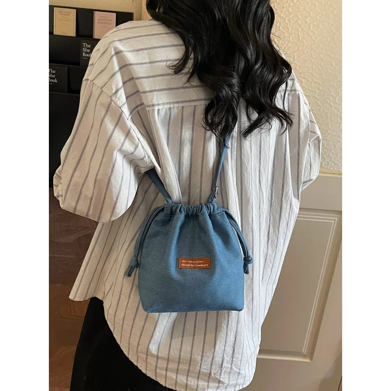 Women's Denim Drawstring Bucket Bag – Crossbody Shoulder
