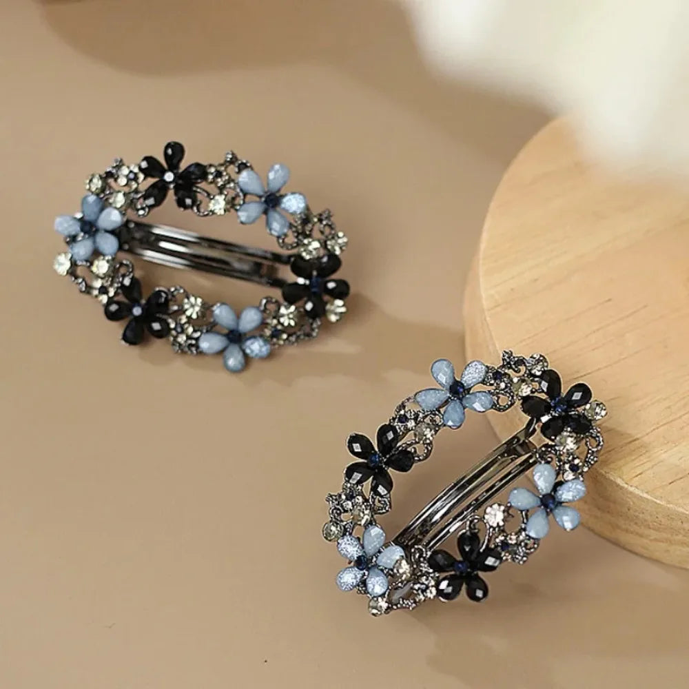 Korean Oval Floral Crystal Hairpin – Zircon Spring Barrette