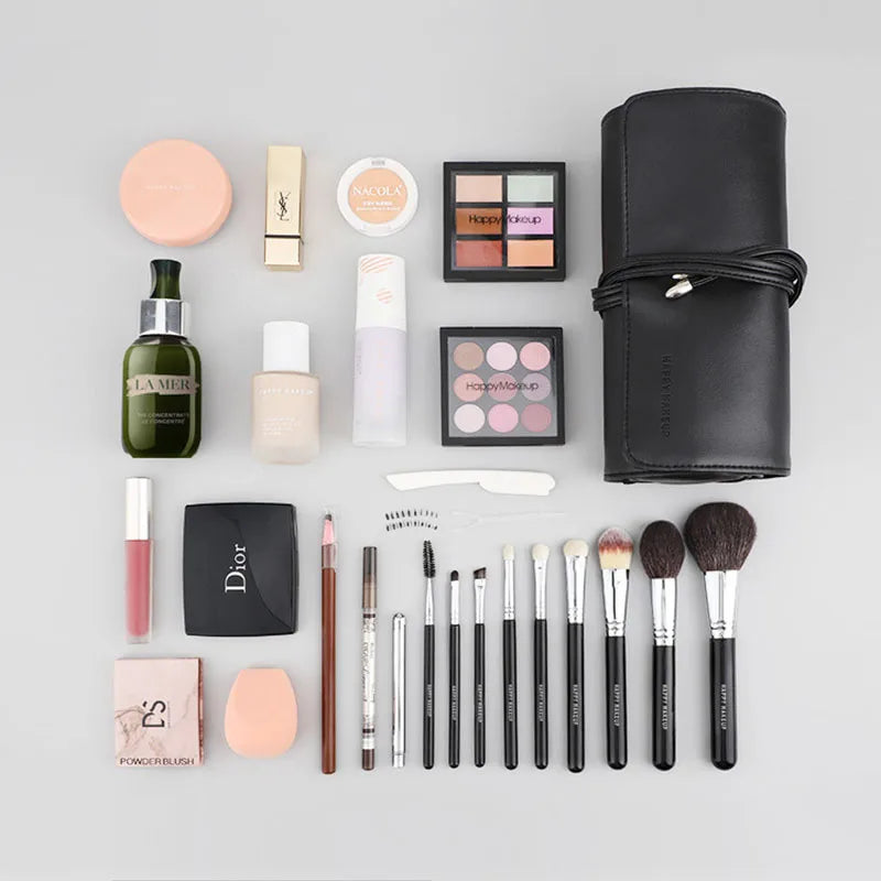 PU Leather Roll-Up Cylinder Makeup Brush Organizer Bag