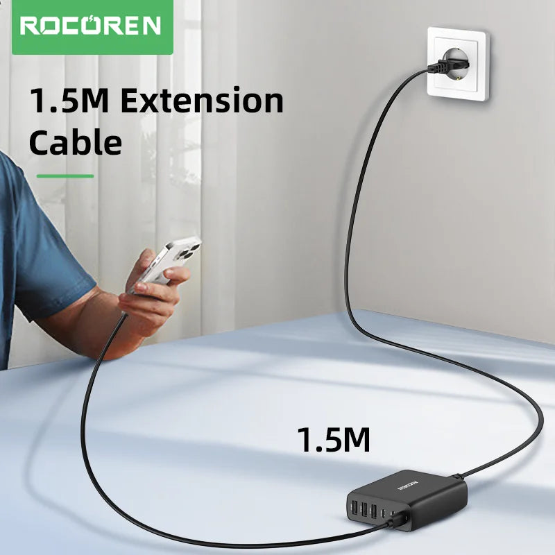 Rocoren 100W GaN Desktop Charger 6-Port USB-C PD Fast Charge