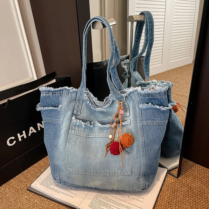 Japanese Washed Denim Tote Bag – Large Women's Shoulder Bag