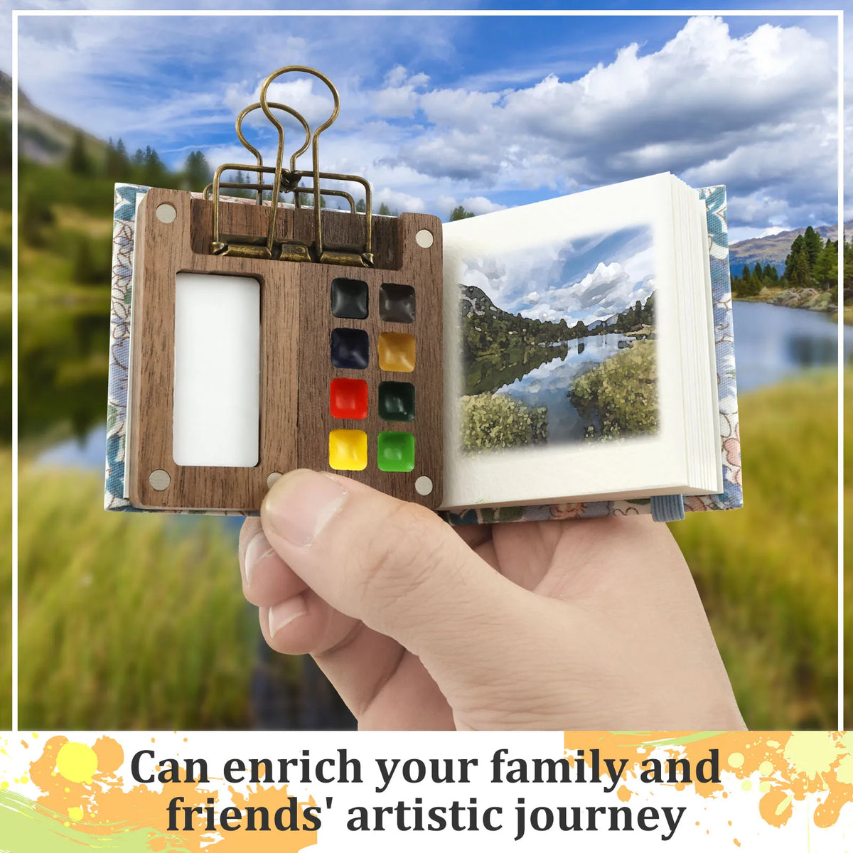 Mini Travel Watercolor Palette Set | 8-Grid Wood Palette & Sketchbook