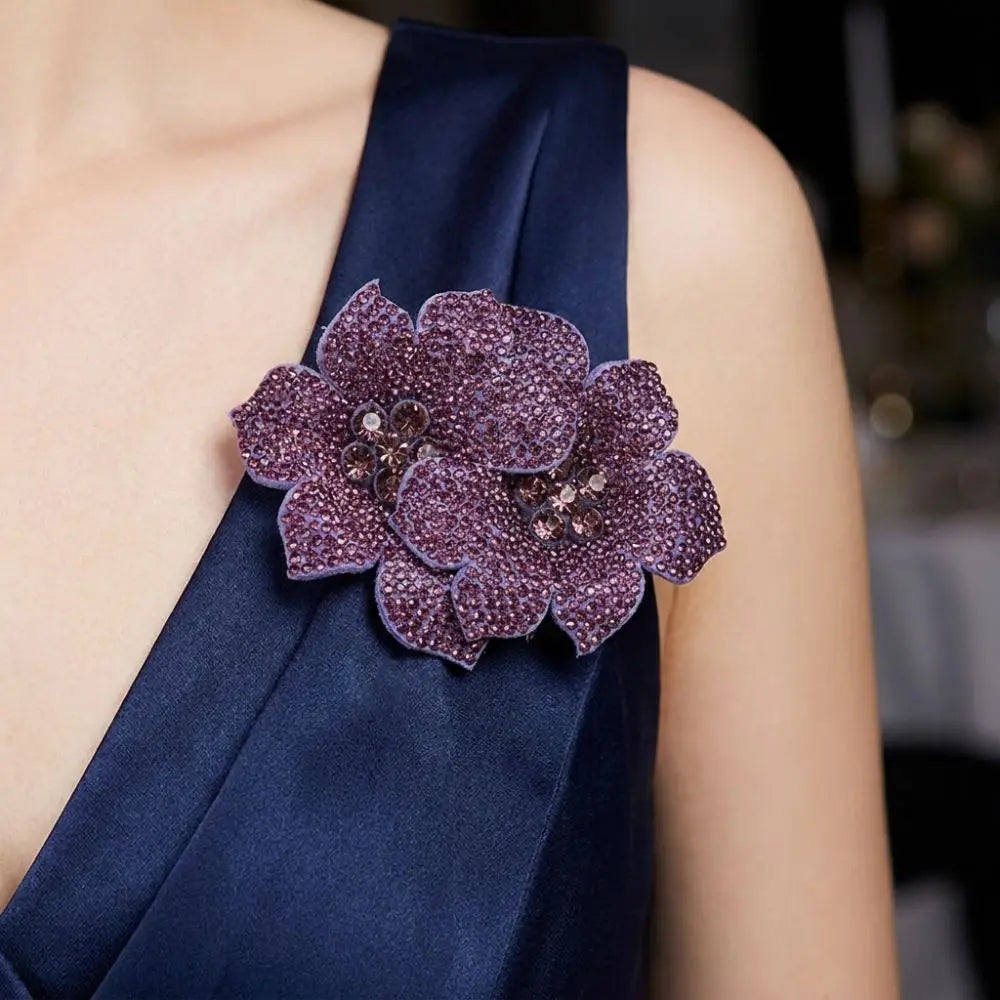 3D Camellia Rhinestone Flower Patch – Sparkling Rose Brooch