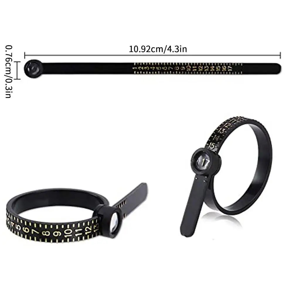 Ring Sizer Finger Gauge Ruler – US Sizes 1–17 with Magnifier