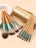 10-Piece Wooden Makeup Brush Set with Storage Bucket