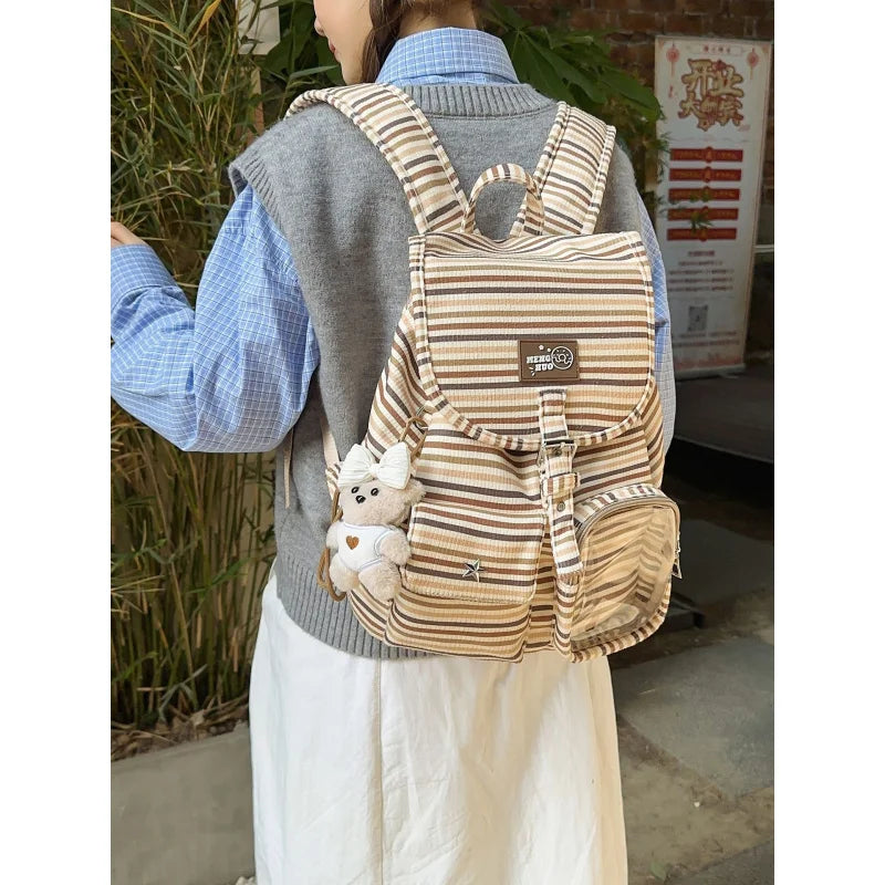 Striped Corduroy Drawstring Backpack – Casual Small Bag