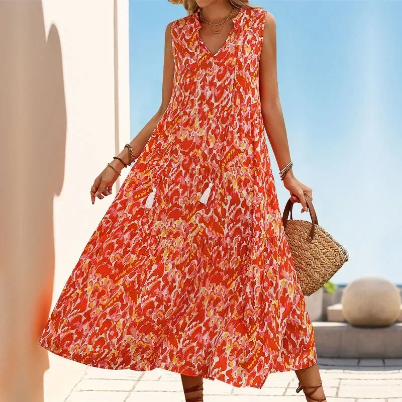 Women's Sleeveless Viscose Boho Floral Maxi Dress | Beach Vacation