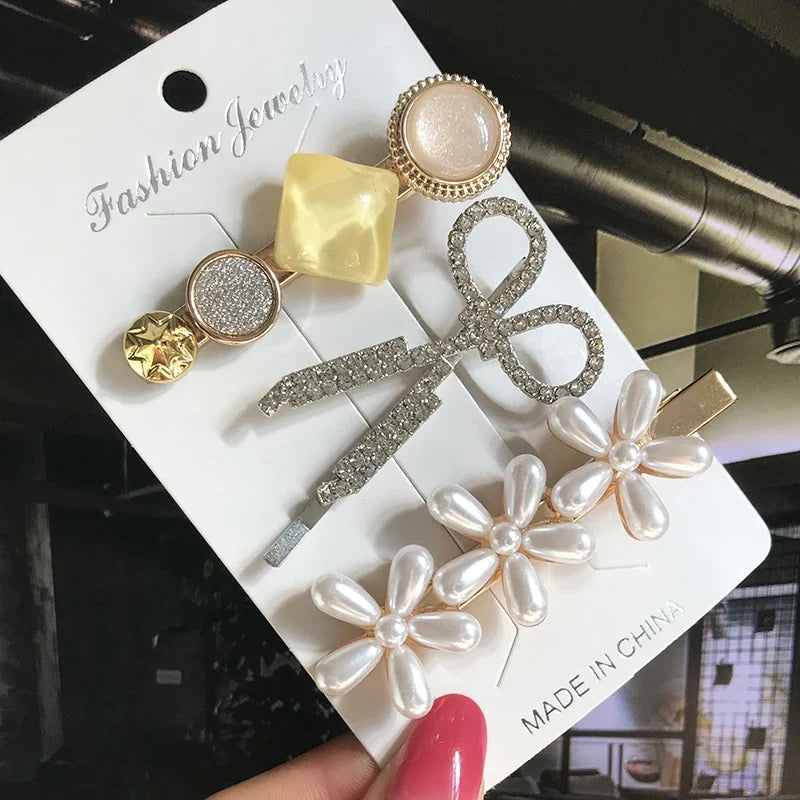 Pearl Crystal Hair Clips Set – Korean Geometric Barrettes