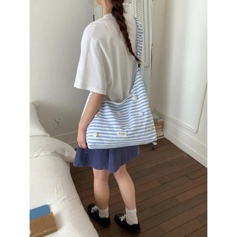 Korean Star Canvas Drawstring Crossbody Shoulder Bag for Women