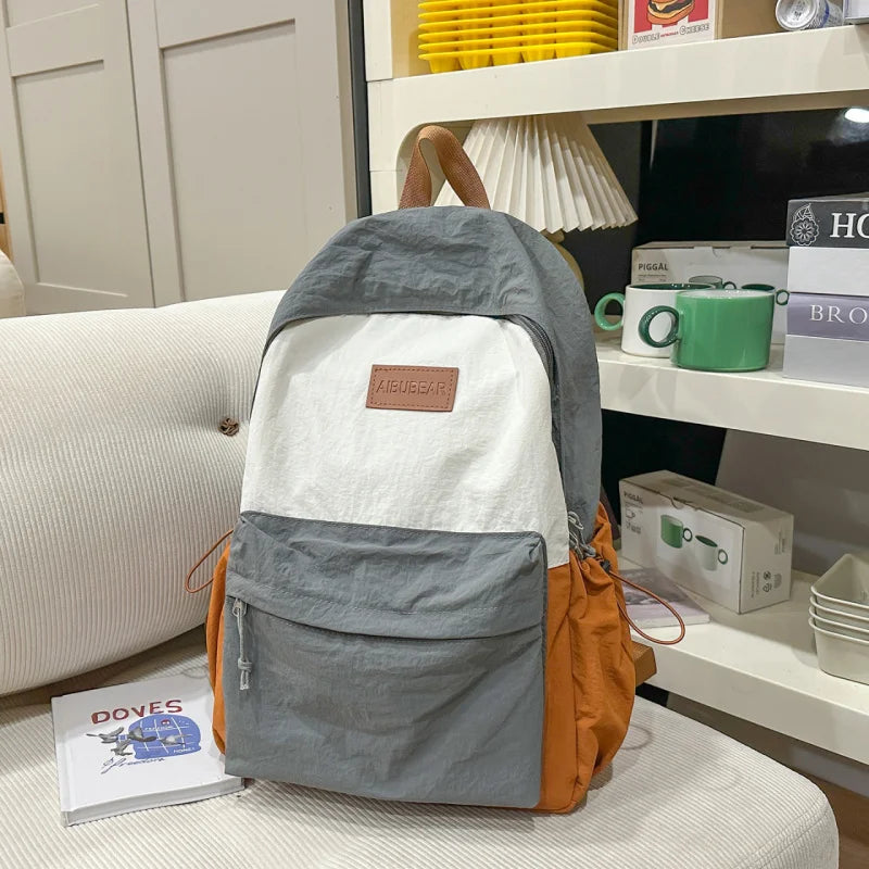 Color-Block Nylon Backpack – Large Capacity School Bag for Women