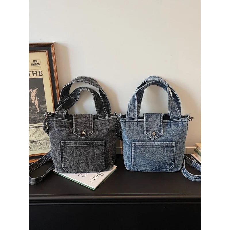 Denim Vintage Bucket Bag for Women – Casual Daily Handbag