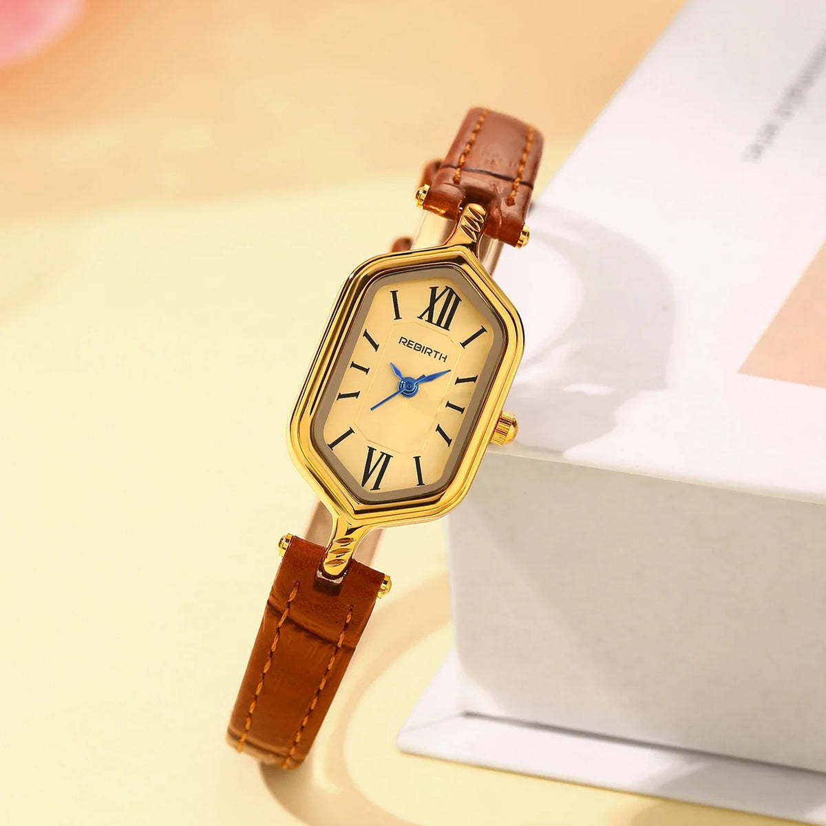 REBIRTH Women's Retro Gold Quartz Watch – Barrel Dial & Leather Strap