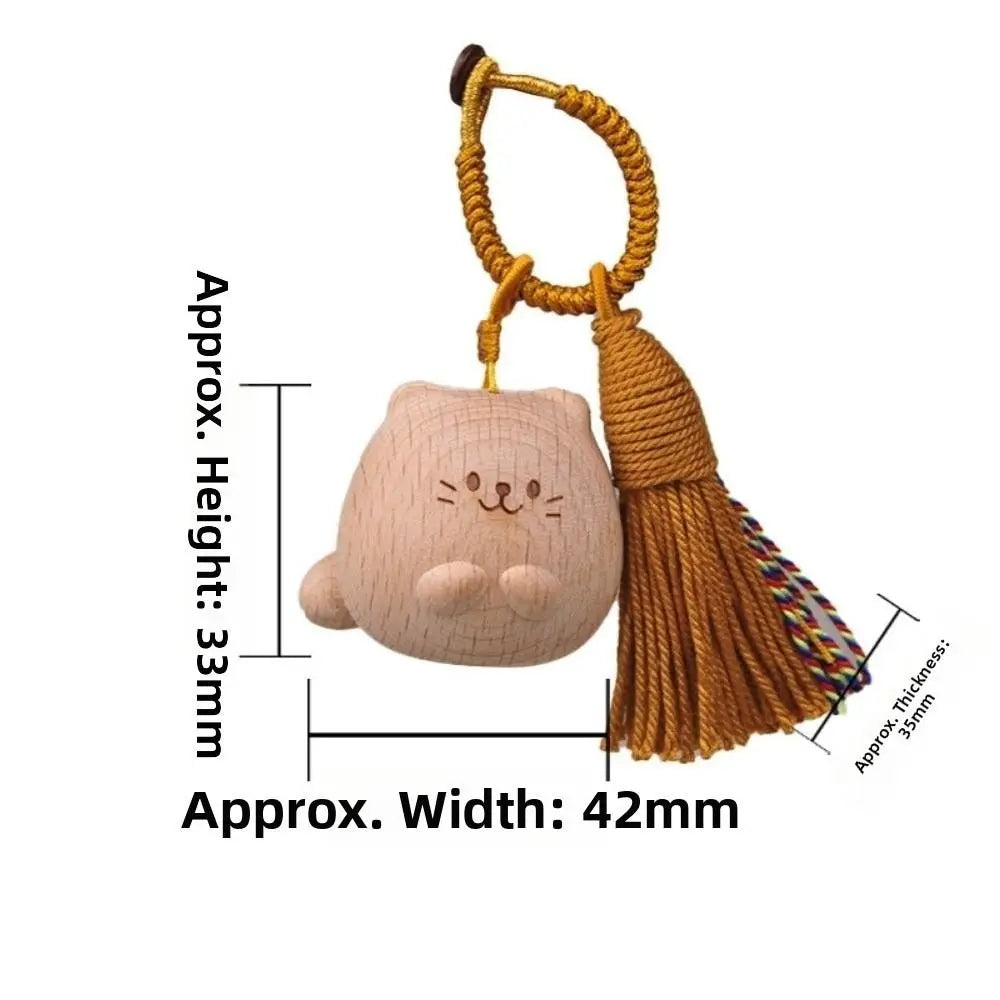 Hand Carved Wooden Cat Keychain with Tassel | Lucky Cat