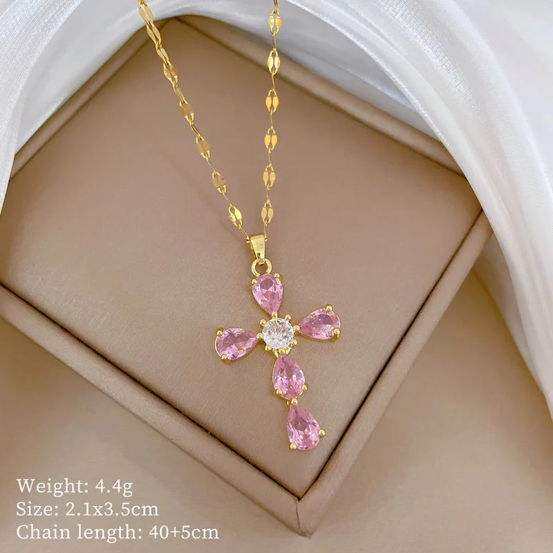 Women's Gold Cross Pendant Necklace – Stainless Steel & Zircon
