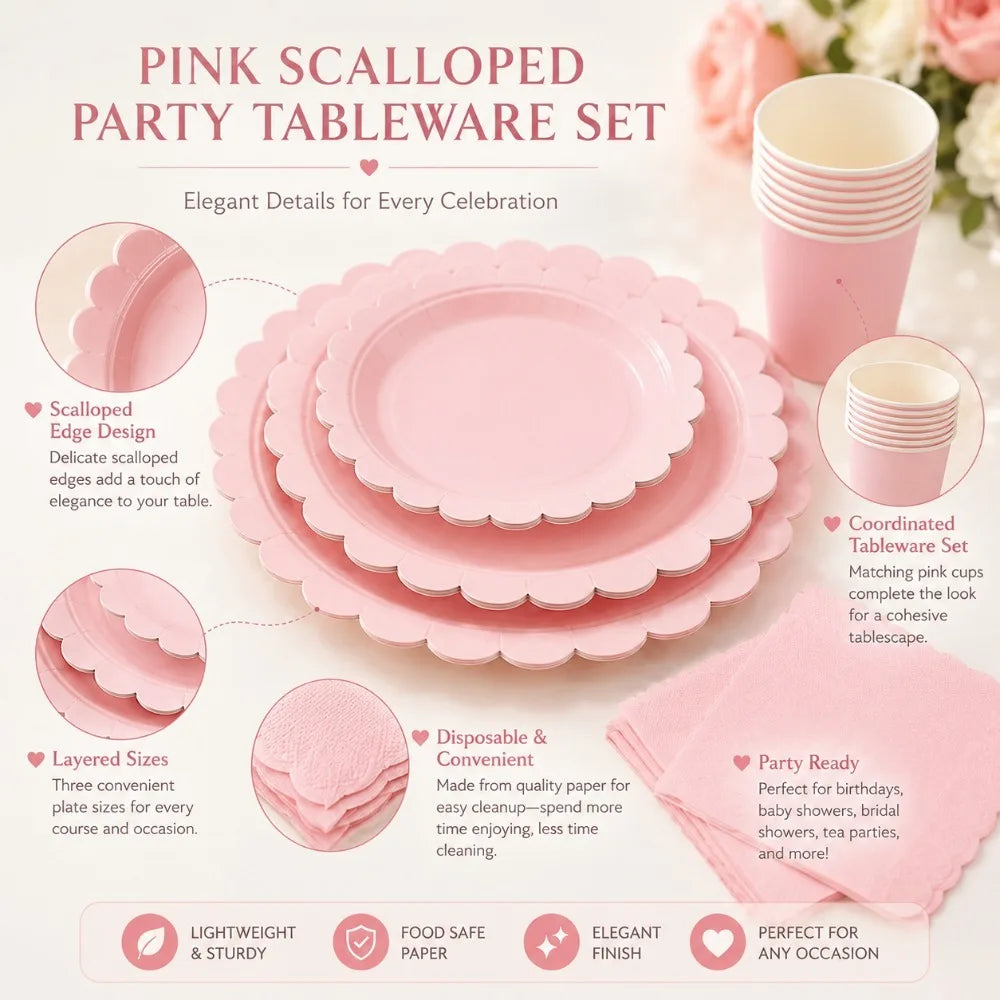 Pink Scalloped Disposable Tableware Set – Plates, Cups & Napkins