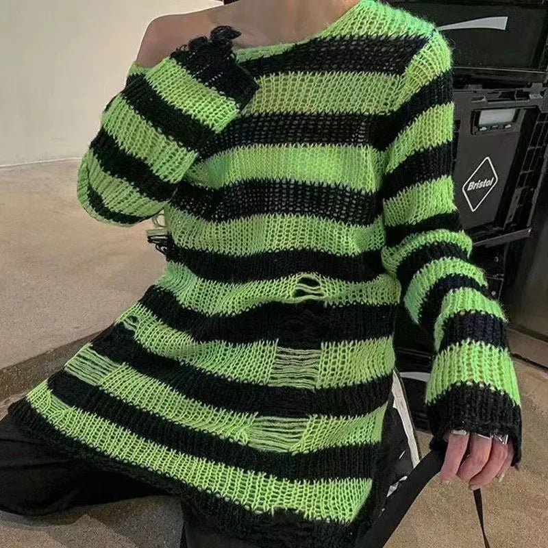 Women's Punk Gothic Oversized Striped Hollow Knit Sweater