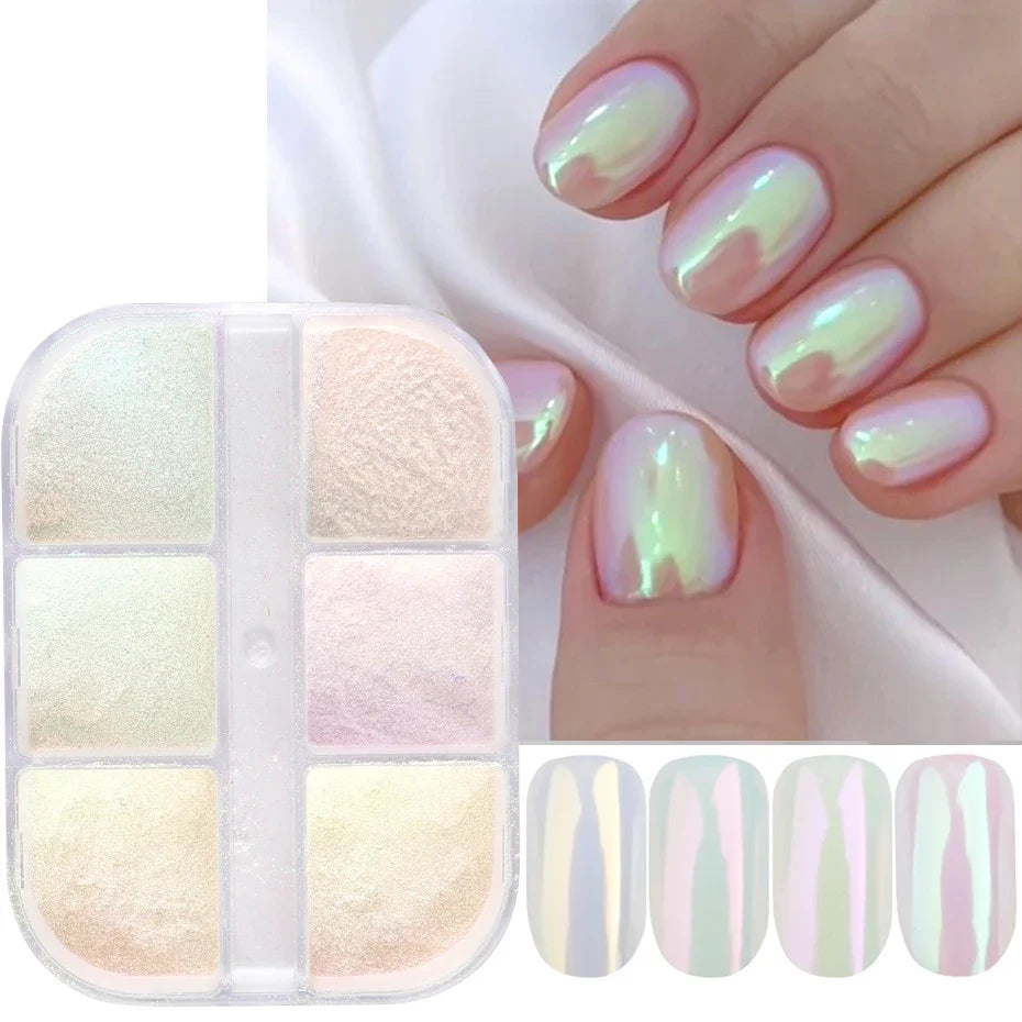 Moonlight Mirror Nail Powder | Chrome Aurora Glitter 6-Color Set