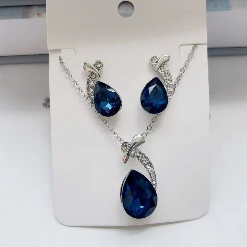 Women's Blue Fish Crystal Necklace & Earrings Jewelry Set
