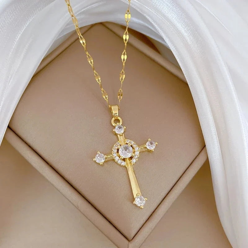 Women's Gold Cross Pendant Necklace – Stainless Steel Choker