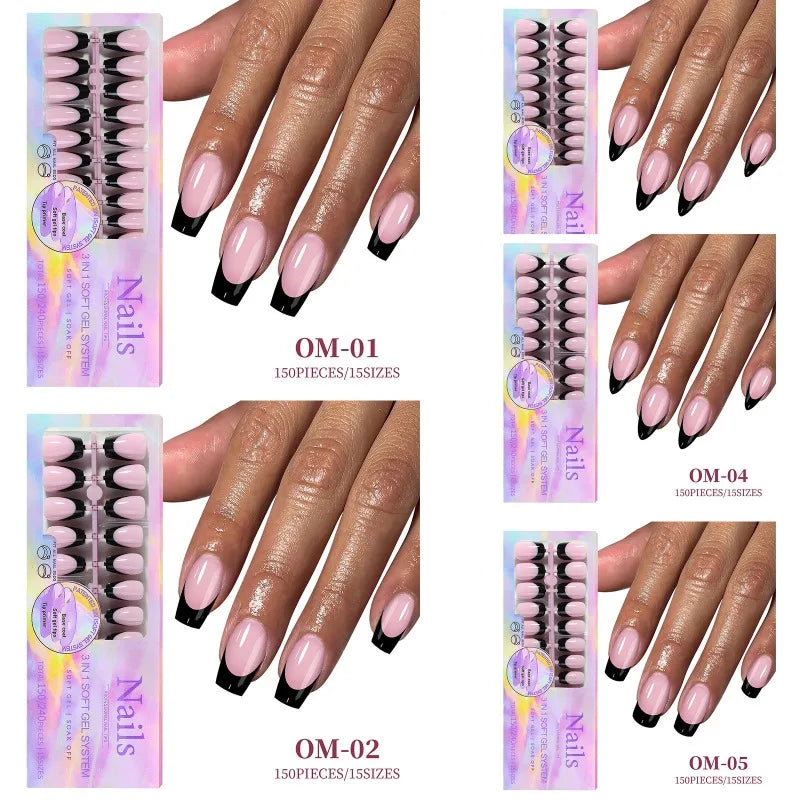 Black Pink French Tip Press On Nails with Rhinestones 24pcs